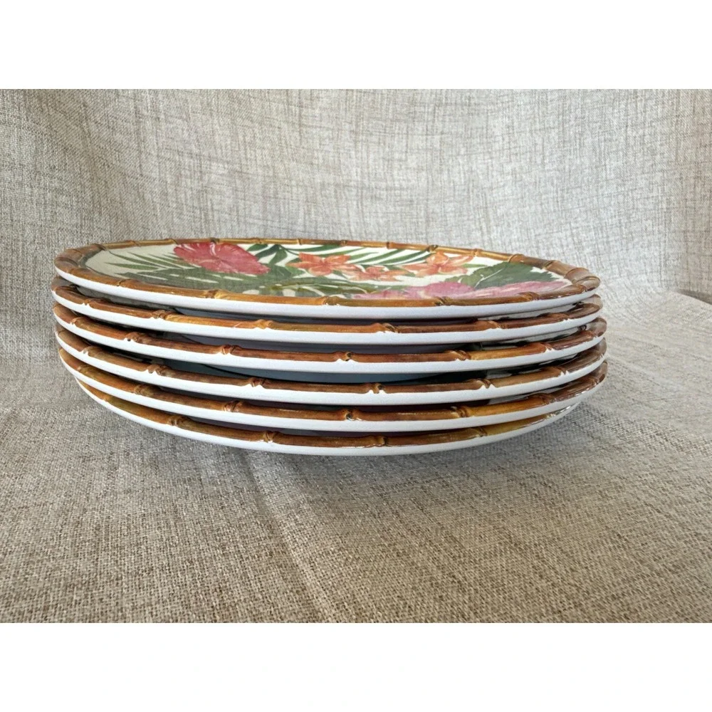 Outdoor Collection Melamine Plates 11 Inch Tropical Floral Bamboo Rim Excellent